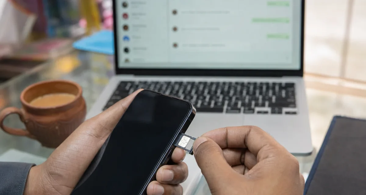 WhatsApp SIM Binding Rule from January 2027: What Madurai Businesses Must Do Now WhatsApp SIM binding rule – business owner inserting the registered SIM into the phone